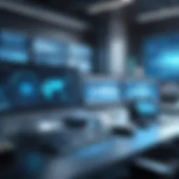Futuristic software development workspace showcasing advanced technology and collaboration tools.