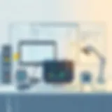 A modern workspace showcasing a laptop and coding tools