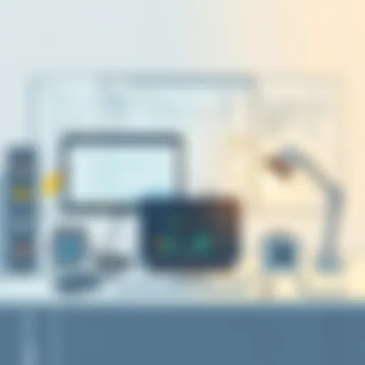 A modern workspace showcasing a laptop and coding tools