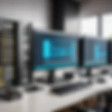 A technical workspace featuring servers and networking equipment