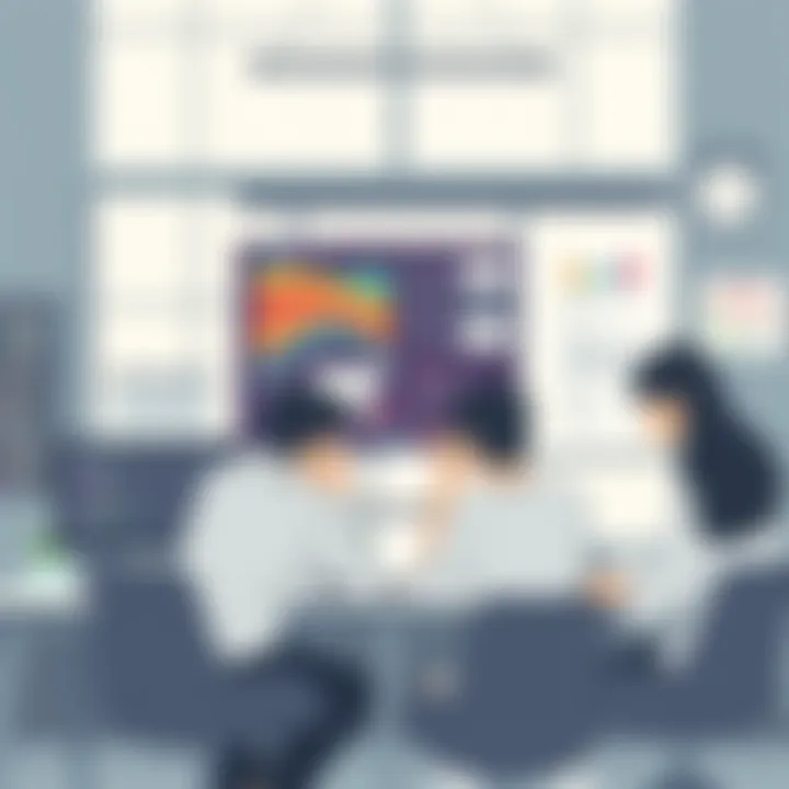 Collaborative Software Development Environment A team collaborating in a modern workspace with digital tools