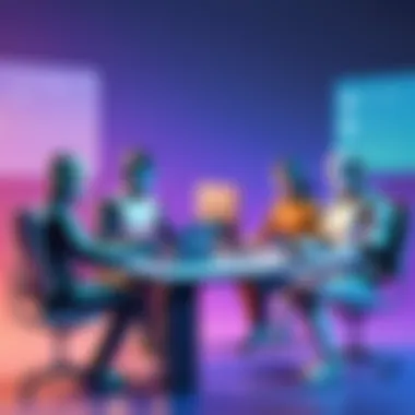 Collaboration Enhanced by Chatbots Illustration of a team collaborating through chatbots in a virtual environment