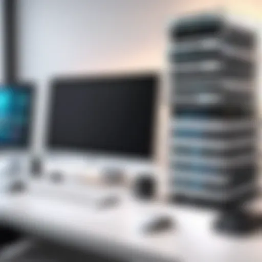 Conceptual illustration of a stack programmer's workspace with multiple tech stacks.